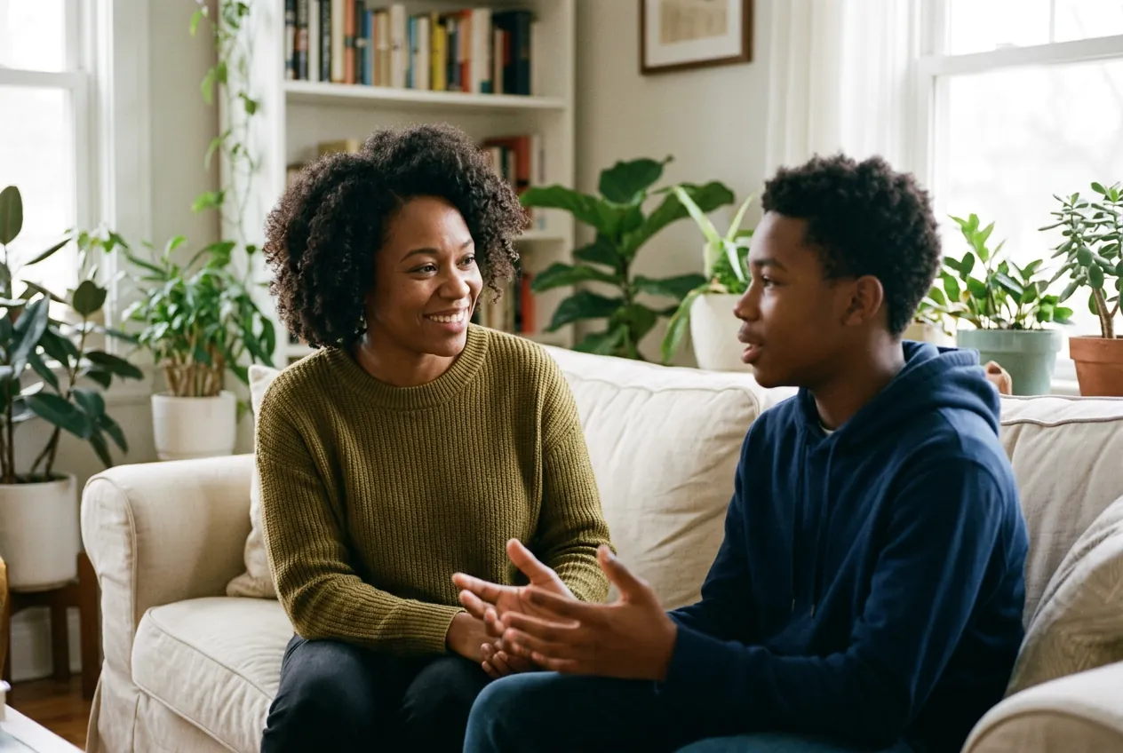 A counselor and a teenager talking warmly together at home